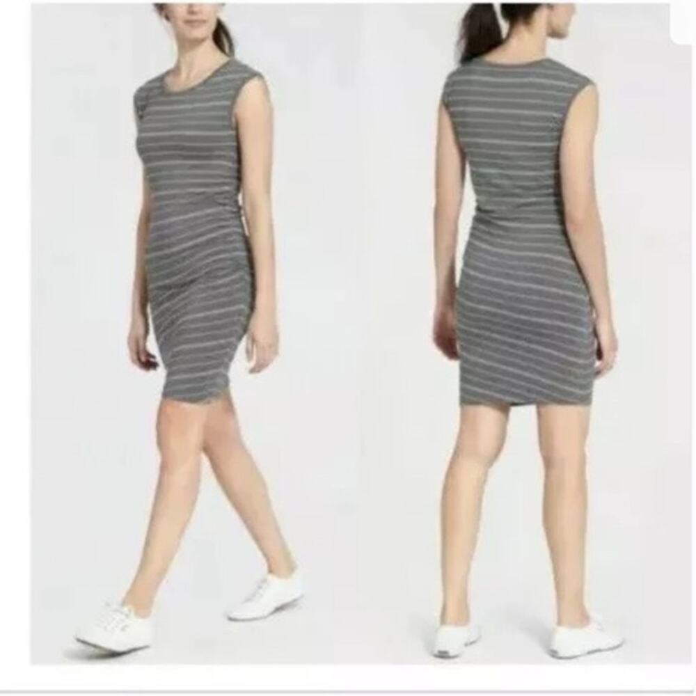 Athleta‎ Ruched Carefree Tee Dress Gray White Stripe Small
